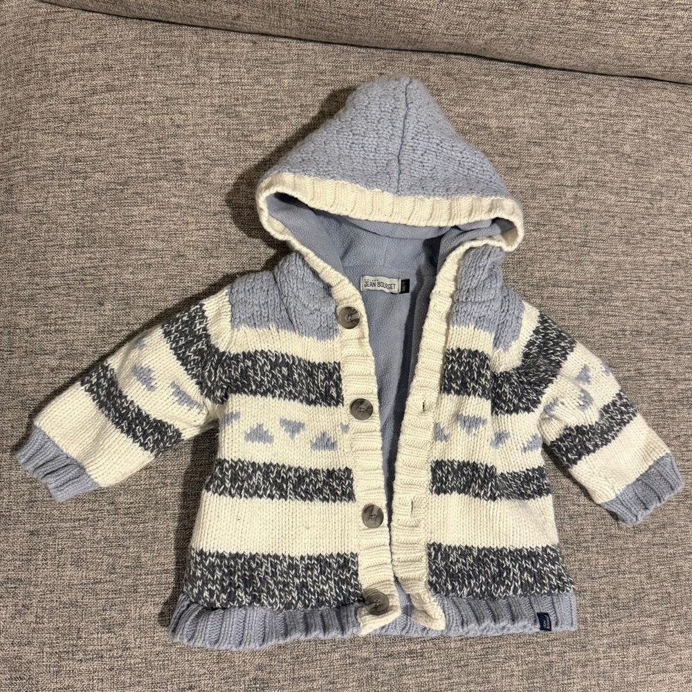 Jean Bourget Kids Hooded Sweater Coat - Blue and Cream